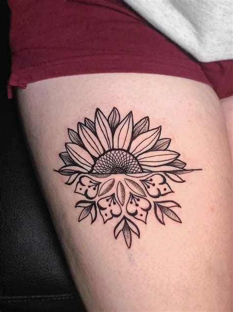 sunflower thigh tattoo|minimalist tattoo sunflower.